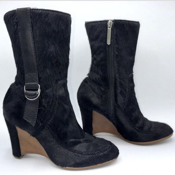 Donald J Pliner Holly Black Pony Hair Leather Wedge Heel Boots Womens 7.5M Italy - Picture 1 of 16